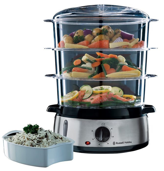 Russell Hobbs parowar, pojemność 9l, timer 0-60 min, 3 pojemniki do gotowania na parze, dzwonek informujący o zakończeniu, stal nierdzewna, moc 800W, srebrny, Cook@Home 19270-56