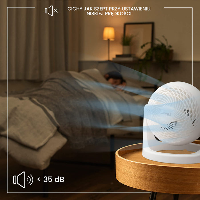 Woozoo by Ohyama, Wydajny, cichy wentylator biurkowy / wentylator stołowy, 31 W, opatentowane śmigła 3D, obrót o 360°, 3 prędkości, Do powierzchni 23m² - Woozoo PCF-HE18 - Biały