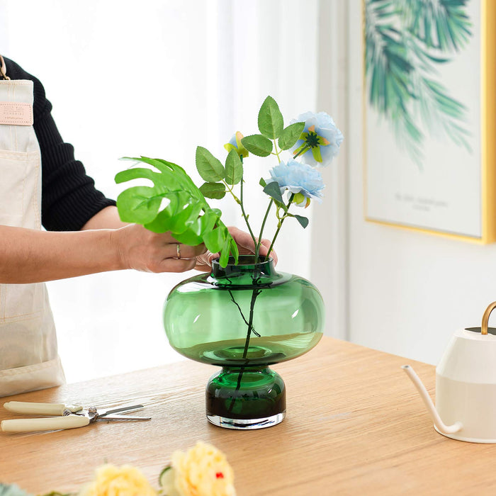 Glasseam Zielony szklany wazon na kwiaty, duży, ręcznie robiony artystyczny wazon, nowoczesny duży wąski dzbanek na szyję do dekoracji salonu, na stół, dekoracja pokoju, do długich pampasów, narcyzy, trawa