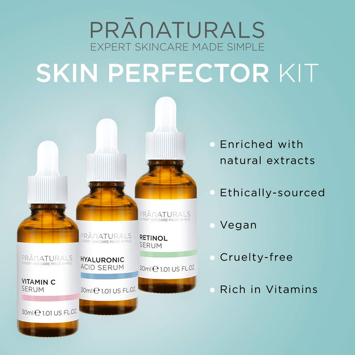 PraNaturals Skin Perfector serum do twarzy 3 x 30 ml – kwas hialuronowy, retinol i witamina C – krem przeciwstarzeniowy do pielęgnacji skóry, redukuje drobne linie i zmarszczki, wzbogacone naturalnymi olejkami i witaminami