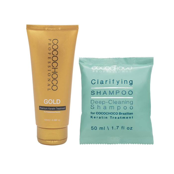 COCOCHOCO Professional Gold Keratyna 100 ml i Szampon Oczyszczający 50 ml - Nie zawiera formaldehydu - Kompleksowa Kuracja Keratynowa do Prostowania Włosów - Do Każdego Rodzaju Włosów