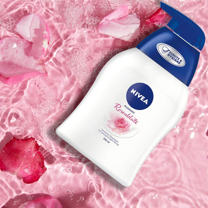 NIVEA Mydło pielęgnacyjne kwiat róży (250 ml), pielęgnujące mydło w płynie dla odczuwalnie miękkich, gładkich dłoni, przyjazne dla skóry mydło do rąk o zapachu kwiatu róży