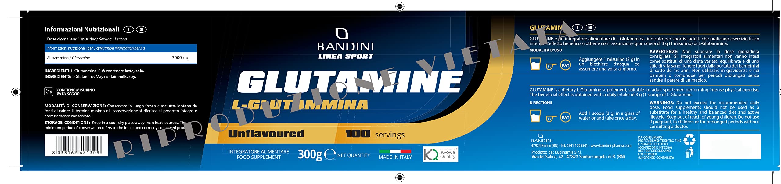 Czysta L-Glutamina Kyowa® Quality - Suplementy diety Bandini Pharma - PROSZEK - Dla dorosłych, którzy ćwiczą o wysokiej intensywności - Opakowanie 300 g - Wyprodukowano we Włoszech