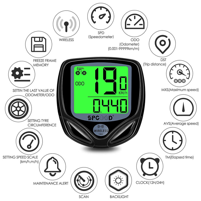 SPGOOD komputerek rowerowy, bezprzewodowy, 16 funkcji, wodoodporny wyświetlacz LCD, prędkość, licznik kilometrów, prędkościomierz