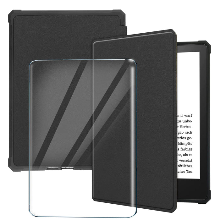 HYMY Etui do Kindle Paperwhite 11 + 1 szt. hartowana folia do Kindle Paperwhite 11 (6,8 cala) - etui z klapką wysokiej jakości skórzane etui do Kindle Paperwhite 11 z klapką - czarne