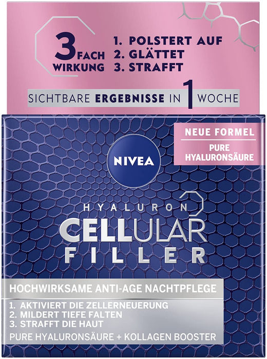 NIVEA Hyaluron Cellular Filler Anti-Age krem na noc (50 ml), regenerująca pielęgnacja twarzy z ekstraktem z magnolia, przeciwzmarszczkowy, nawilżający, łagodzi zmarszczki na noc