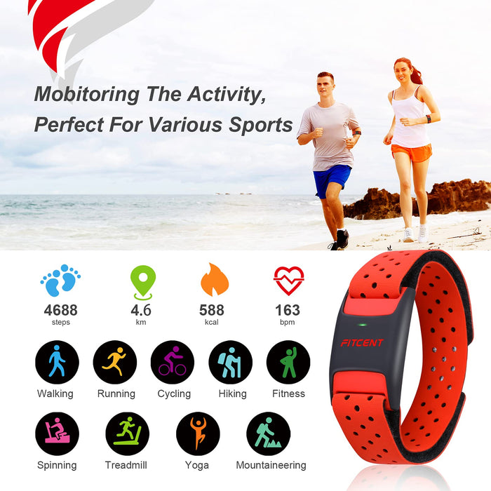 FITCENT Opaska na ramię z czujnikiem tętna, Optyczny czujnik tętna Bluetooth ANT + Wrist, Akumulator Fitness Tracker dla Peloton Strava Zwift Polar Beat DDP Yoga Wahoo Fitness