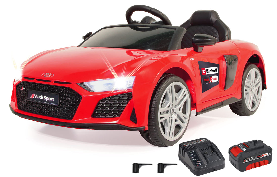 JAMARA 461806 Ride-on Audi R8 Spyder 18 V Einhell Power X-Change wraz z systemem startowym szybkiej wymiany akumulatorów, oficjalna licencja, Bluetooth, samochód elektryczny, czerwony
