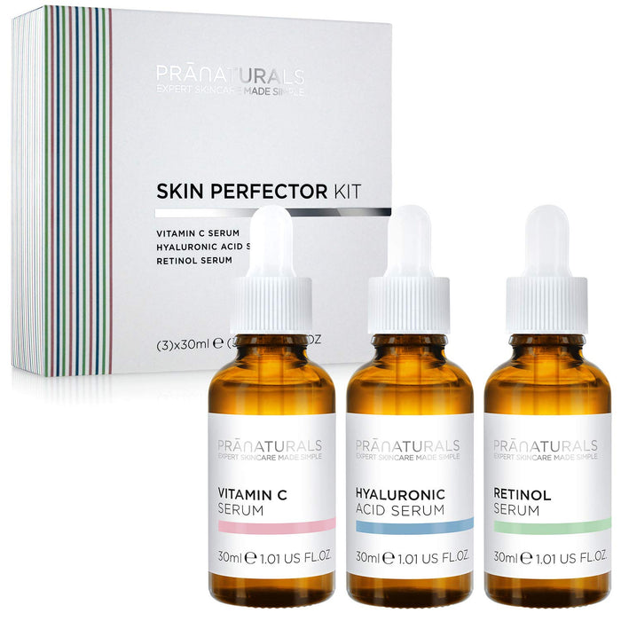 PraNaturals Skin Perfector serum do twarzy 3 x 30 ml – kwas hialuronowy, retinol i witamina C – krem przeciwstarzeniowy do pielęgnacji skóry, redukuje drobne linie i zmarszczki, wzbogacone naturalnymi olejkami i witaminami