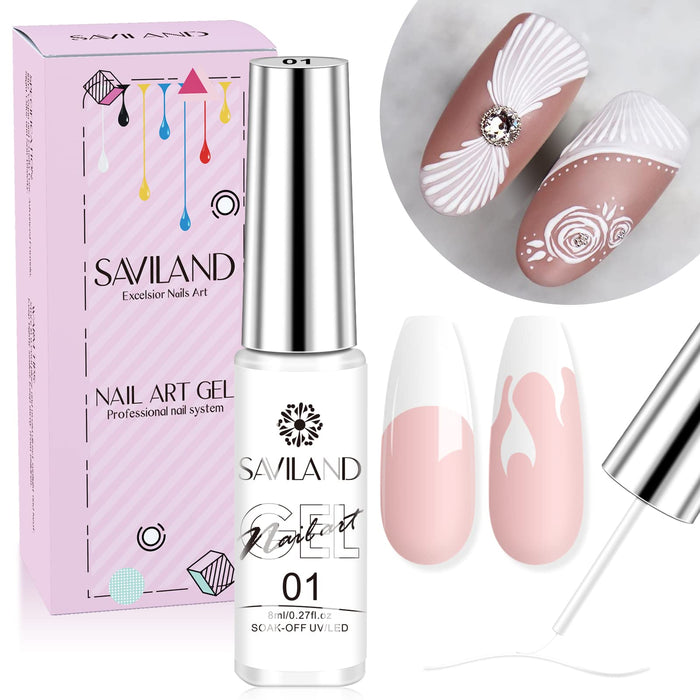 Saviland Painted Gel lakier do paznokci – 8 g biały Liner Nail Art Gel Nail Polish, UV Gel lakier do paznokci Basic Color Soak Off U V LED French Manicure Starter Gel do Swirl Nails Home DIY studio paznokci, paznokcie żelowe