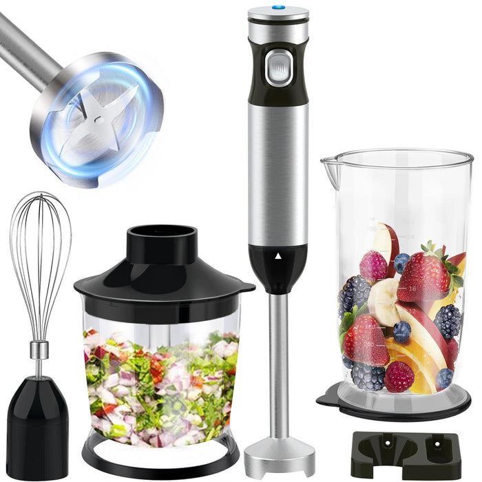 Blender ręczny ze stali nierdzewnej, 1000 W, 4 w 1, wielofunkcyjny, bezstopniowa prędkość, 4 łopatki noża, 700 ml, kubek z miarką, mikser elektryczny rozdrabniacz