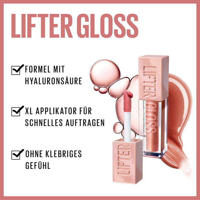 Maybelline New York Lifter Gloss błyszczyk do ust wyjątkowy blask, formuła z kwasem hialuronowym i witaminą E, wygodna aplikacja, 002 Ice, 5 ml