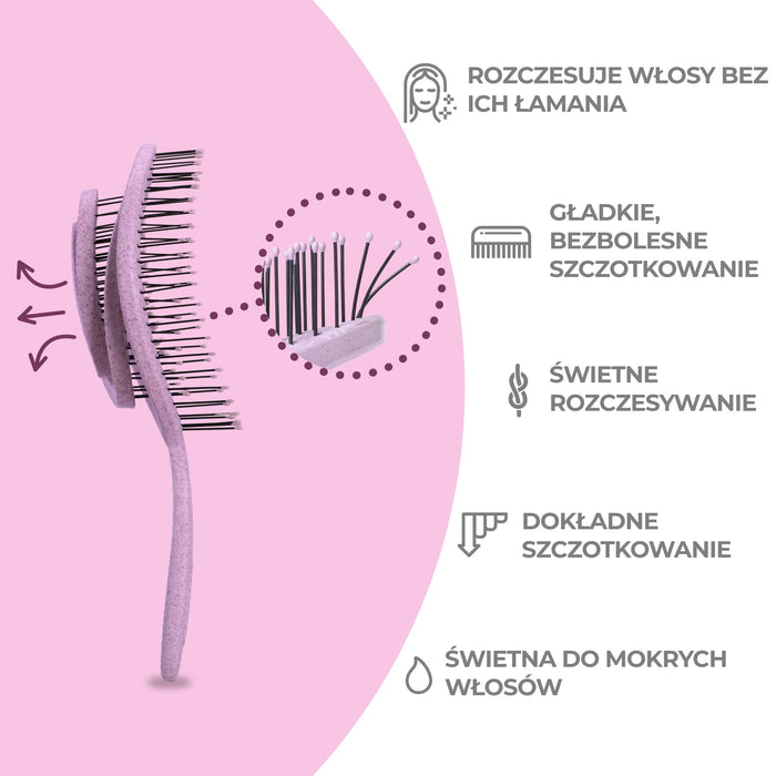 Ninabella Bio szczotka do rozczesywania włosów bez szarpania dla kobiet, mężczyzn i dzieci, szczotka do loków i długich włosów, jedyna w swoim rodzaju profesjonalna szczotka do rozplątywania ze spiralną sprężyną, kolor różowy