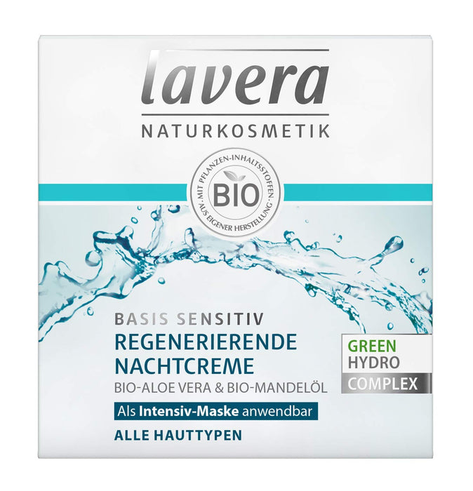 lavera Basio sensitive regenerujący krem na noc, bio aloe vera i olejek migdałowy, wszystkie rodzaje skóry, wegański, organiczny, naturalny i innowacyjny krem do pielęgnacji twarzy (1 x 50 ml)