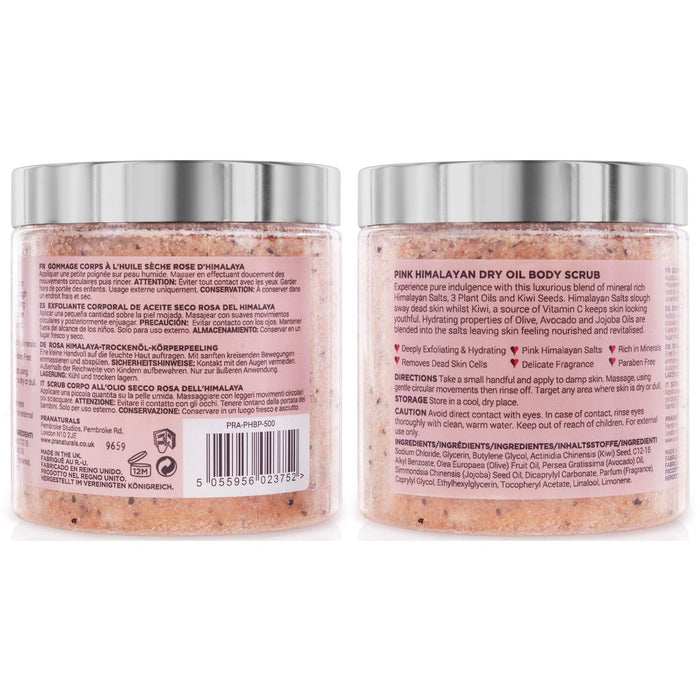 PraNaturals Różowy himalajski peeling do ciała z soli himalajskiej 500 g, naturalnie bogaty w odżywcze minerały i witaminy, usuwa martwe komórki naskórka, odmładza skórę, dla wszystkich rodzajów skóry, delikatnie pachnący naturalnymi olejkami