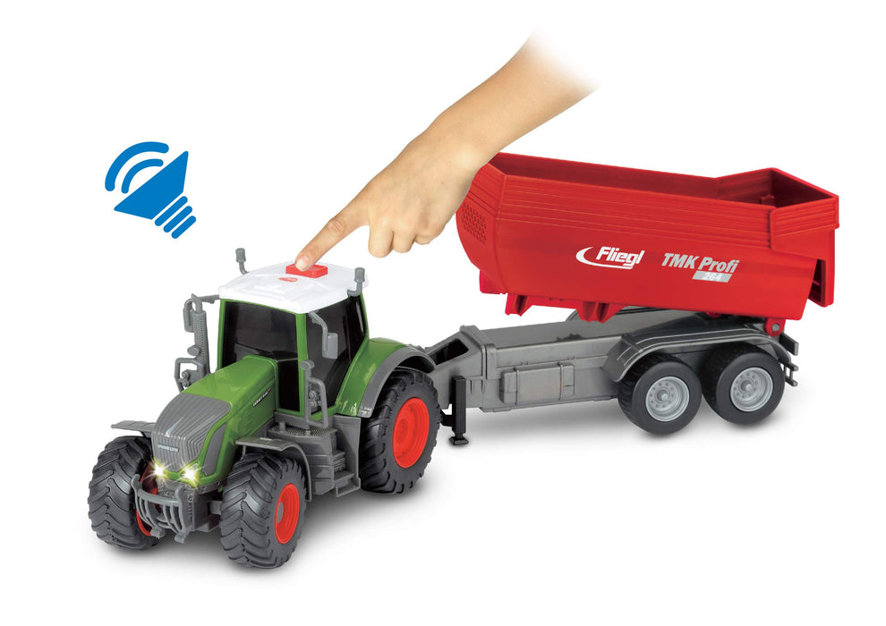 Dickie Toys 203737002 FARM Fendt 939 Vario traktor zabawkowy z przyczepą 41 cm, zabawa w gospodarstwo rolne, podnoszenie i opuszczanie, otwierana tylna klapa, światło i dźwięk, dla dzieci od 3 lat