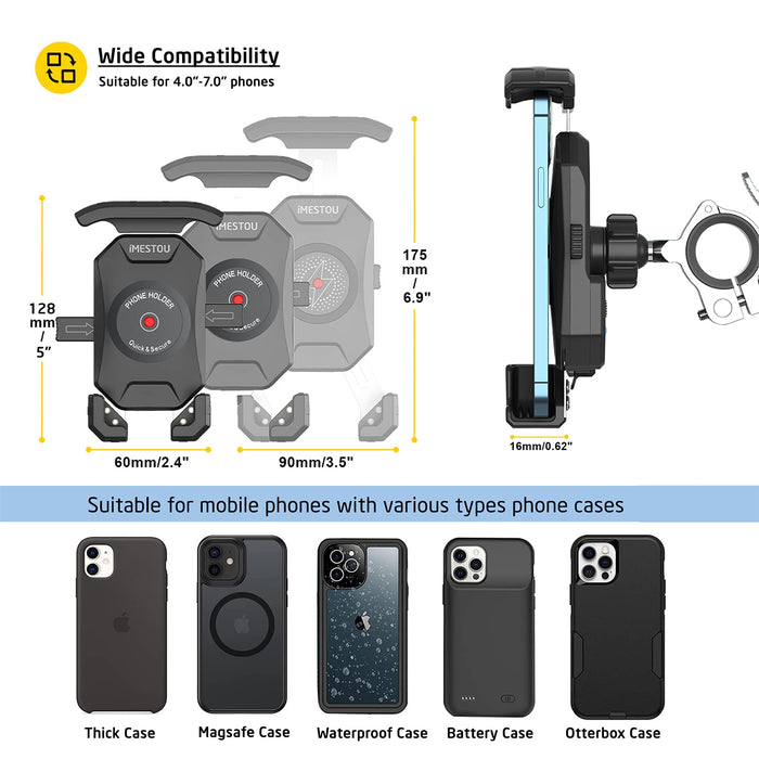 iMESTOU Rowerowy uchwyt na telefon komórkowy do motocykla, obracany o 360°, z aluminiowym uchwytem, instalacja bez użycia narzędzi, uniwersalny, do smartfonów 4,0-7,0 cala