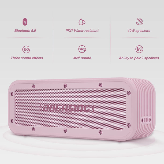 BOGASING M4 głośnik Bluetooth, przenośne pudełko Bluetooth z wodoszczelnością IPX7, 40 W stereo z subwooferem, akumulator 24 h, Bluetooth 5.0, podwójne parowanie, prezent na zewnątrz (różowy)