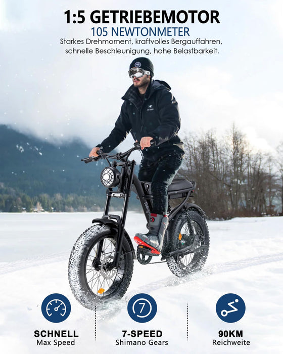 Riding'times E Bike rower elektryczny 20" Fat Tire rower elektryczny, akumulator 48 V/15 Ah, maks. zasięg do 40-90 km, rower górski off-road z 7 biegami, City E Bike, dla mężczyzn i kobiet