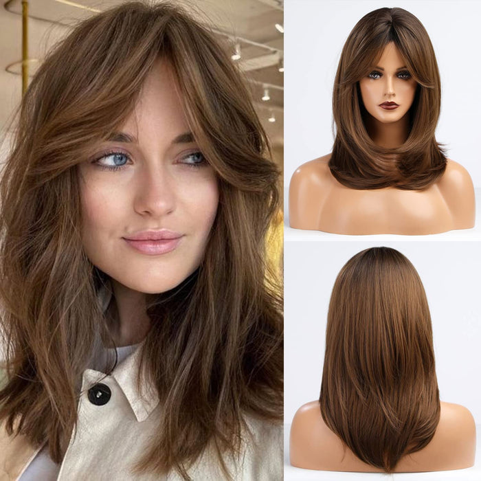 HAIRCUBE Peruka damska, kręcone, ciemne korzeń, ombre, brązowa, syntetyczna peruka dla kobiet, ze środkowymi częściami, naturalne falowane włosy, modne peruki do cosplay, codzienne, damska