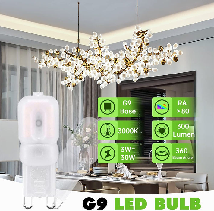 Żarówka LED G9, 10 szt., Bombubilla bez migotania, 3 W, żarówka LED Base Pin G9, 3000 K, ciepła biel AC 220 V, zastępuje żarówki halogenowe 30 W, bez możliwości ściemniania