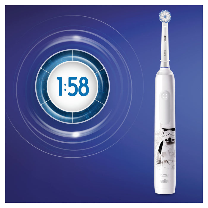 Oral-B Junior elektryczna szczoteczka do zębów dla dzieci od 6 lat, z 3 trybami czyszczenia i wizualną kontrolą docisku 360° do pielęgnacji zębów, zaprojektowana przez Braun, Star Wars, biała