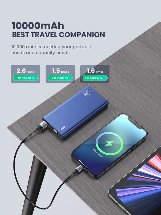 TOPK Power Bank Przenośna Ładowarka 10000 mAh USB C PD 20W , PD&QC 3.0 Szybkie ładowanie Battery Pack Kompatybilny z iPhone 13/13 Mini/13 Pro/13 Pro Max Samsung S20 Google LG iPad