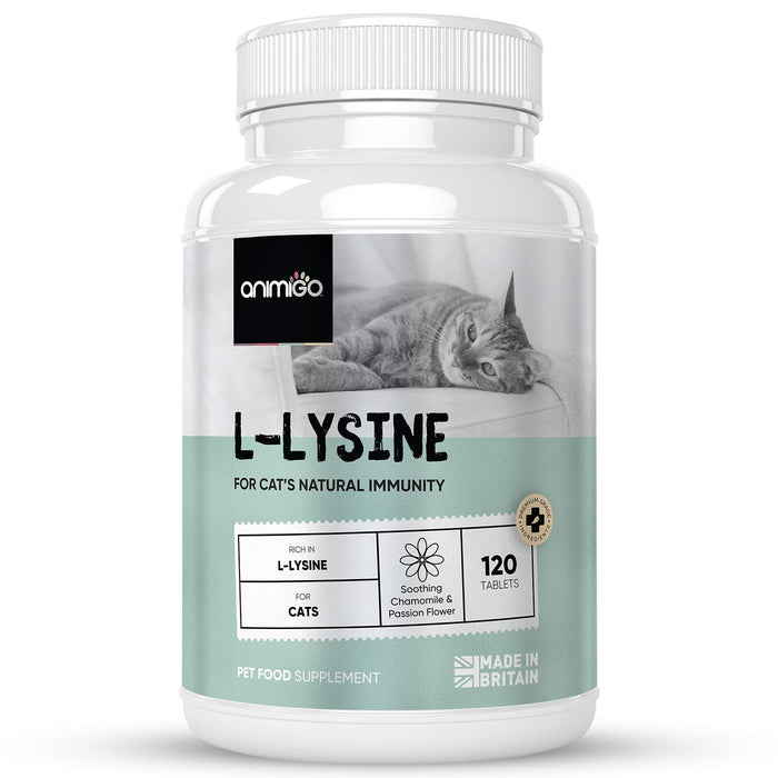 Animigo L-lizyna tabletki dla kotów - 120 tabletek - naturalny suplement karmy dla kotów L-lizyny dla wsparcia odporności i łagodzenia lęku - z kompleksem witaminy B, teaniną, magnezem i rumiankiem - wyprodukowane w Wielkiej Brytanii