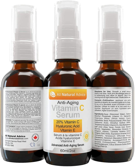 20% Serum z witaminą C - 60 ml / 2 oz Wyprodukowane w Kanadzie – certyfikowane składniki organiczne + 11% kwas hialuronowy + krem nawilżający z witaminą E + formuła przeciwzmarszczkowa, idealne dla Twojej skóry + zawiera pompkę i podajnik