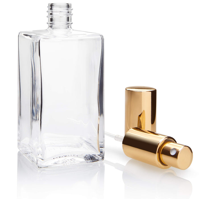 Fantasia Perfumy flakon pusty 100 ml z pompką rozpylającą, przezroczyste butelki prostokątne, do samodzielnego napełniania perfumami, rozpylaczem i zatyczką w kolorze złota, napełniane 100 ml
