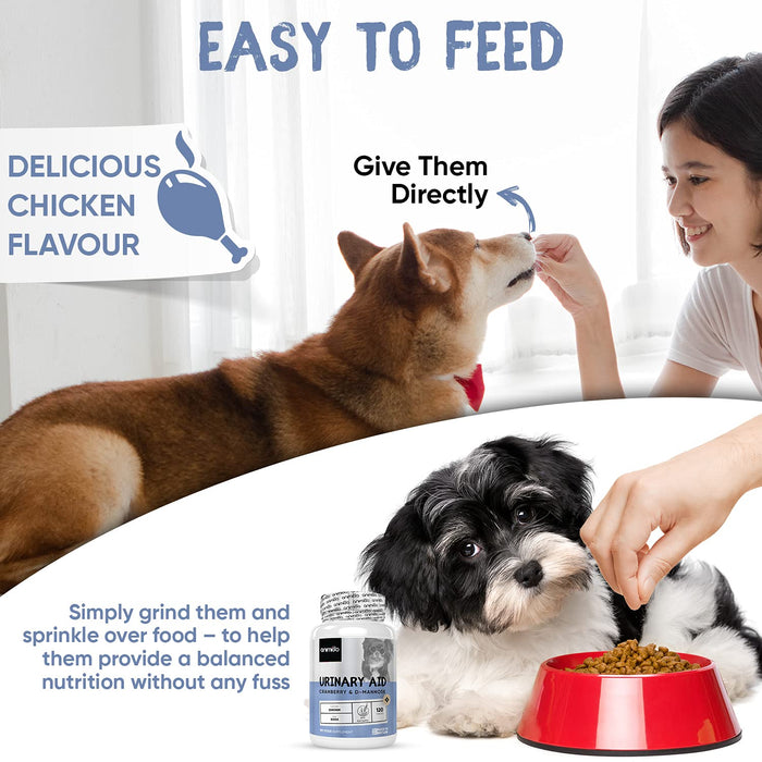 Animigo Pomoc w układzie moczowym dla psów - 120 tabletek - witaminy na pęcherz, nerki i drogi moczowej - naturalne składniki z żurawiną i mannozą - dla aktywnych psów - mocznik do dogów - smak kurczaka