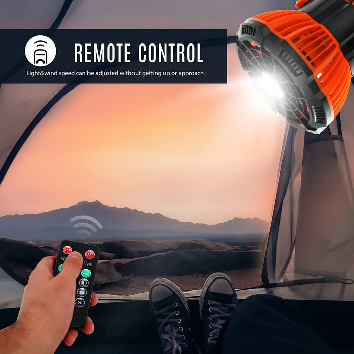 HERLLY Wentylator kempingowy z latarnią LED, przenośny wentylator biurkowy z haczykiem do zawieszenia, 5200 mAh, ładowany powerbank do użytku na zewnątrz, 3 prędkości, pilot zdalnego sterowania, wentylator biurkowy do biura, samochodu, awaryjny