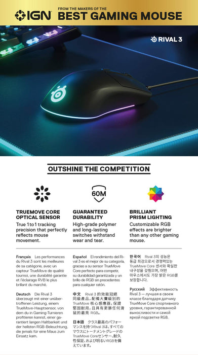 SteelSeries Rival 3 - Sensor Optyczny TrueMove Core 8 500 CPI - 6 Programowalnych Przycisków - Przyciski Split Trigger