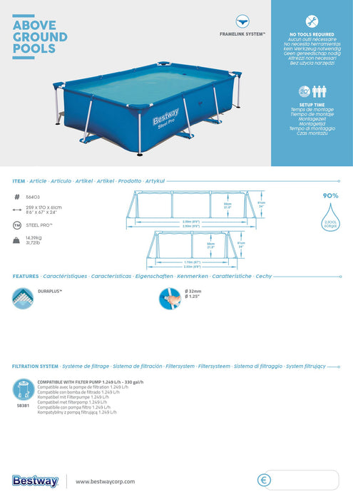 Bestway ProPool Basen Stelażowy, Niebieski, 259 x 170 x 61 cm