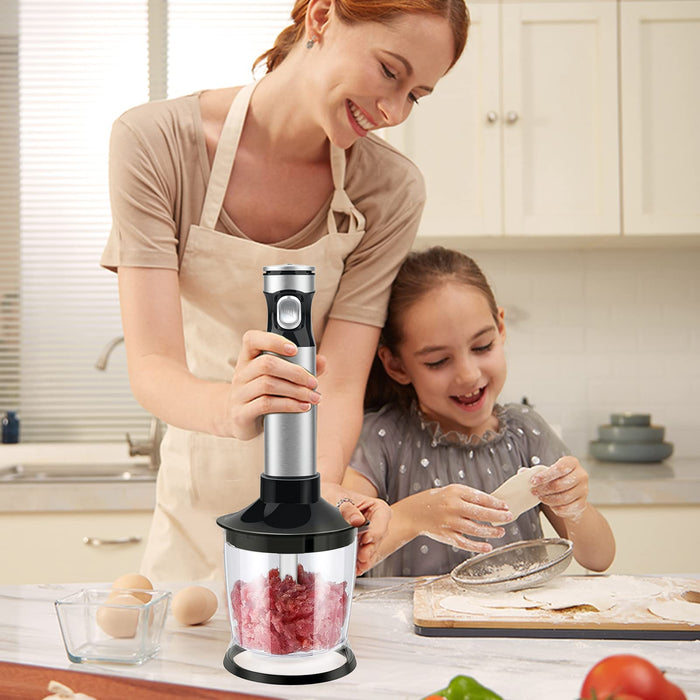 Blender ręczny ze stali nierdzewnej, 1000 W, 4 w 1, wielofunkcyjny, bezstopniowa prędkość, 4 łopatki noża, 700 ml, kubek z miarką, mikser elektryczny rozdrabniacz