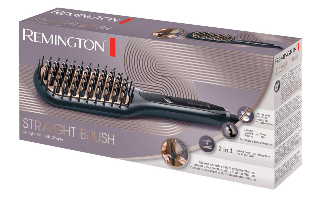 Remington szczotka prostująca z jonizacją, ceramiczne włosie z powłoką antystatyczną, 3 ust. temperatury, szybkie nagrzewanie, przewód 1.8m, etui, szara/brązowa, Straight Brush CB7400