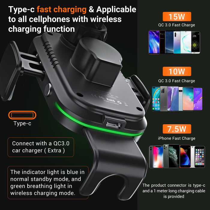 Auckly 15 W Fast Wireless Charger samochodowy uchwyt na telefon komórkowy z funkcją ładowania, automatyczny silnik indukcyjny zasilanie Qi, stacja ładująca do samochodu, uchwyt na telefon komórkowy, wentylacja do iPhone'a, Samsunga, Huawei, LG itp