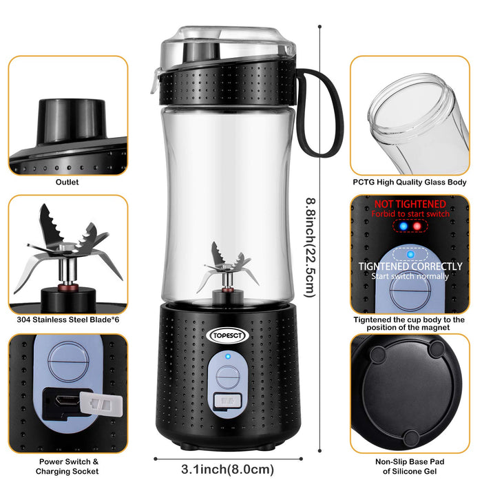 TOPESCT przenośny blender, osobisty mikser owoców ładowalny z USB, mini blender do smoothie, sok owocowy, koktajle mleczne 380 ml, sześć łopatek 3D do doskonałego mieszania (czarne)