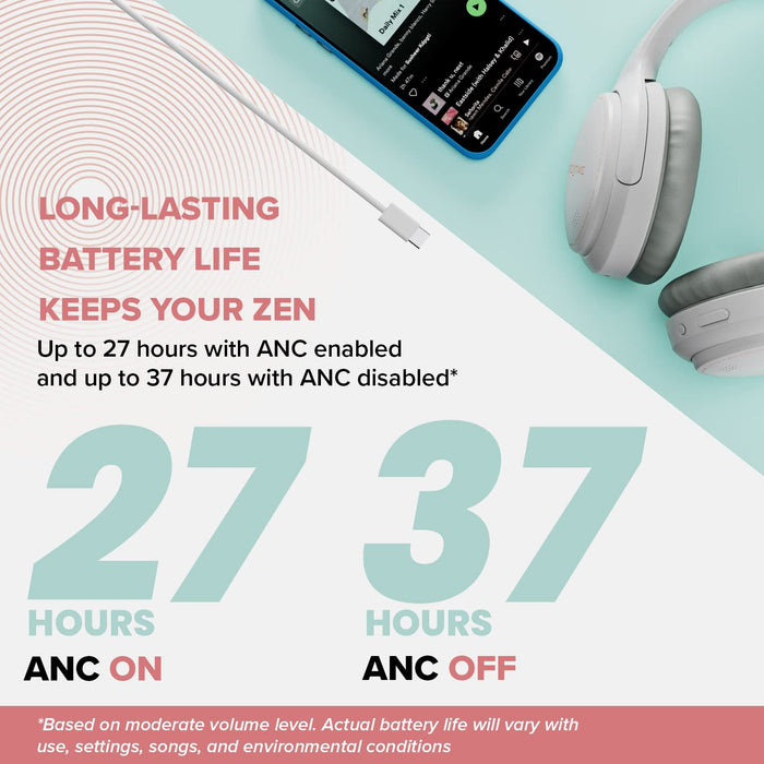 CREATIVE Bezprzewodowe słuchawki nauszne Zen z hybrydową aktywną redukcją szumów, trybem ambientowym, do 27 godzin (ANC ON), Bluetooth 5.0, AAC, wbudowany mikrofon, biały, EF1010