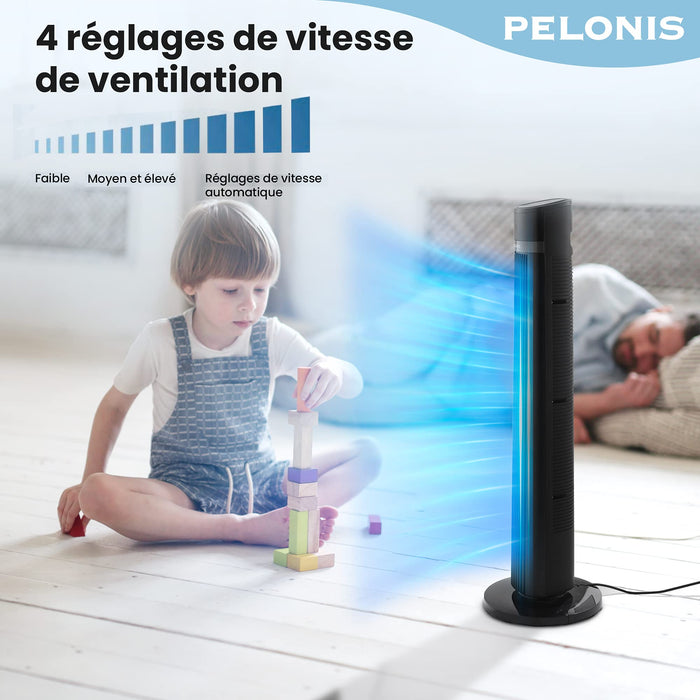 PELONIS Wentylator kolumnowy, wentylator stojący z pilotem zdalnego sterowania, 4 stopnie prędkości i 3 tryby wentylacji, cichy mobilny wentylator z timerem i oscylacją, wentylator kolumnowy 90°