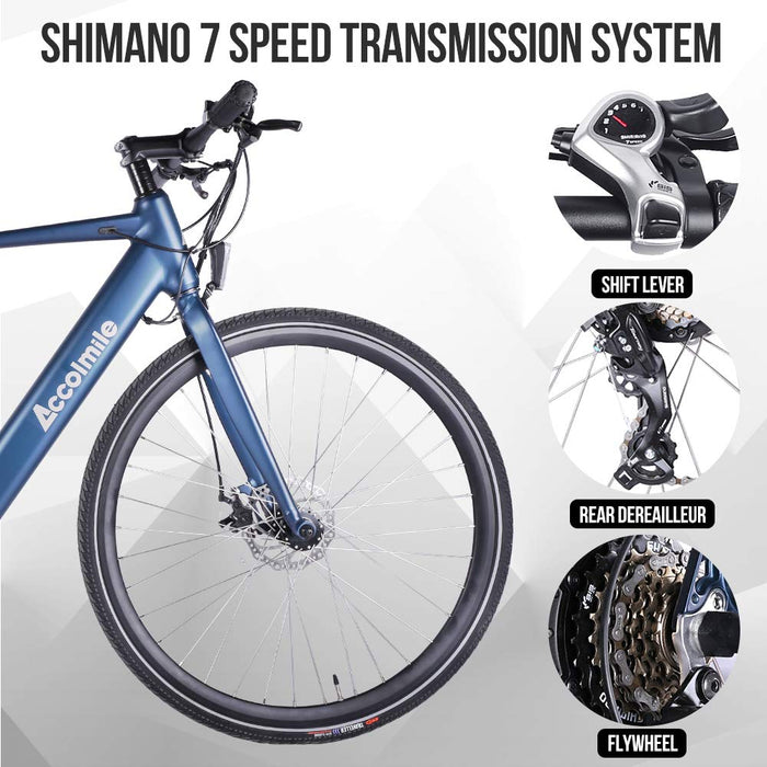 Accolmile Rower Elektryczny Urban City Ebike z 700C Lekki elektryczny Rower Dojeżdżający do Pracy dla Dorosłych, Silnik Piasty Tylnej BAFANG 36V 250W z Akumulatorem Litowym 10,5 Ah, 7 Biegowa Shimano