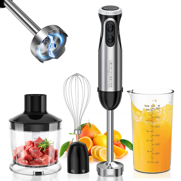 Bonsenkitchen Blender ręczny 4 w 1, elektryczny blender ręczny, 1000 W, bezstopniowa prędkość, ze stali nierdzewnej, trzepaczka, rozdrabniacz 500 ml i kubek z miarką 700 ml do jedzenia dla niemowląt, HB3203 (czarny)