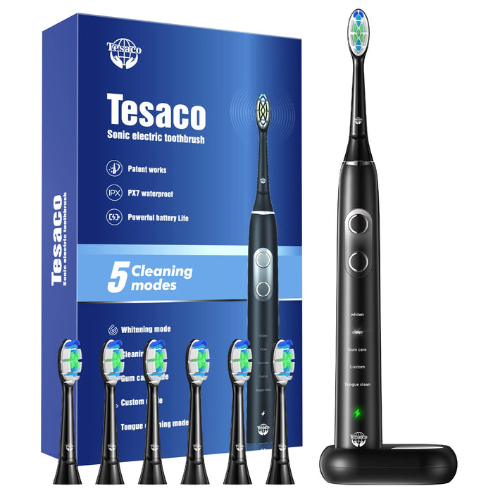 Tesaco Sonic elektryczna szczoteczka do zębów dla dorosłych, soniczne szczoteczki do zębów akumulatorowe z 6 główkami szczoteczki, 5 trybów, bezprzewodowe szybkie ładowanie przez 60 dni