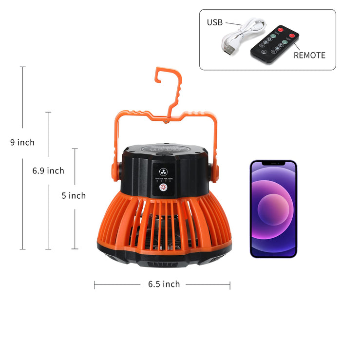 HERLLY Wentylator kempingowy z latarnią LED, przenośny wentylator biurkowy z haczykiem do zawieszenia, 5200 mAh, ładowany powerbank do użytku na zewnątrz, 3 prędkości, pilot zdalnego sterowania, wentylator biurkowy do biura, samochodu, awaryjny