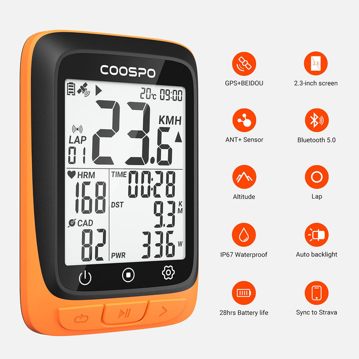 COOSPO Bezprzewodowy komputer rowerowy GPS, komputer do jazdy na rowerze, GPS z Bluetooth/ANT+, wodoszczelny komputer rowerowy z automatycznym podświetleniem, wyświetlacz LCD o przekątnej 2,3 cala