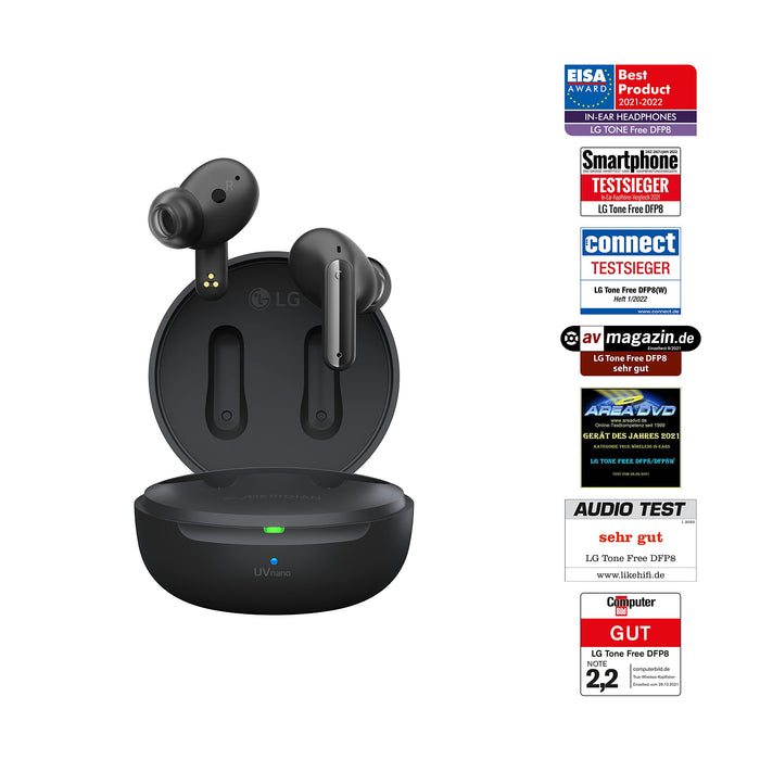 LG TONE Free DFP8 słuchawki douszne Bluetooth z MERIDIAN i aktywną redukcją szumów (ANC), kompatybilne z Siri i Google Assistant, TONE-DFP8.CEUFLLK, czarne