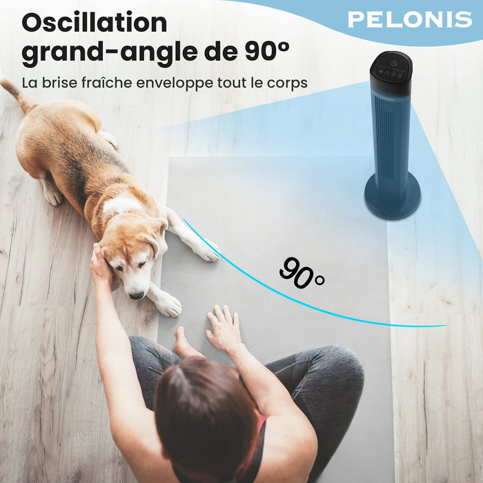 PELONIS Wentylator kolumnowy, wentylator stojący z pilotem zdalnego sterowania, 4 stopnie prędkości i 3 tryby wentylacji, cichy mobilny wentylator z timerem i oscylacją, wentylator kolumnowy 90°