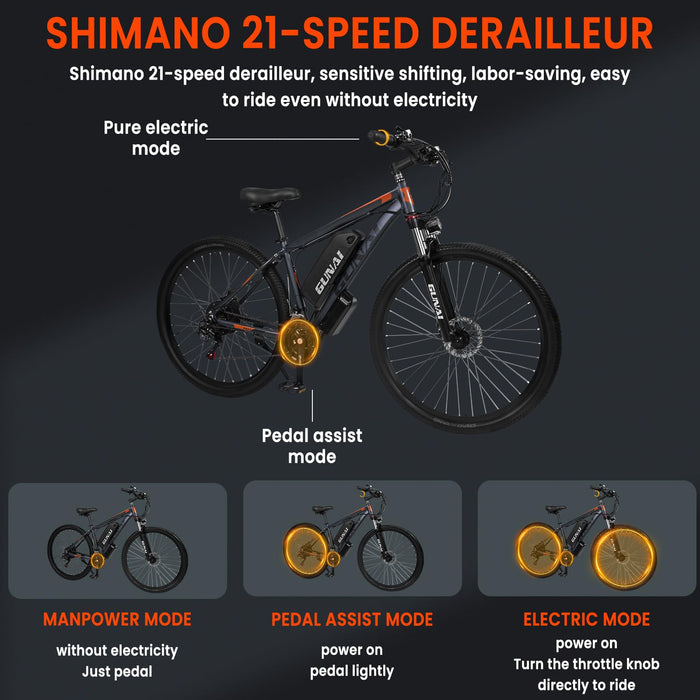 Rower elektryczny, GUNAI Rower Elektryczny Męski 29" 48V 15Ah Profesjonalny Electric Bike 21 Biegów Ebike