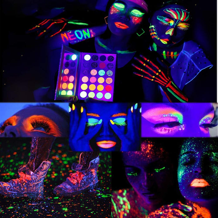 Kalolary Neonowa paleta kolorowych cieni do powiek, UV Glow Blacklight Matte i Sparkling Eyeshadow Glows In The Dark, 24 kolory wysoko pigmentowane zestaw do makijażu z 4 różowymi pędzlami
