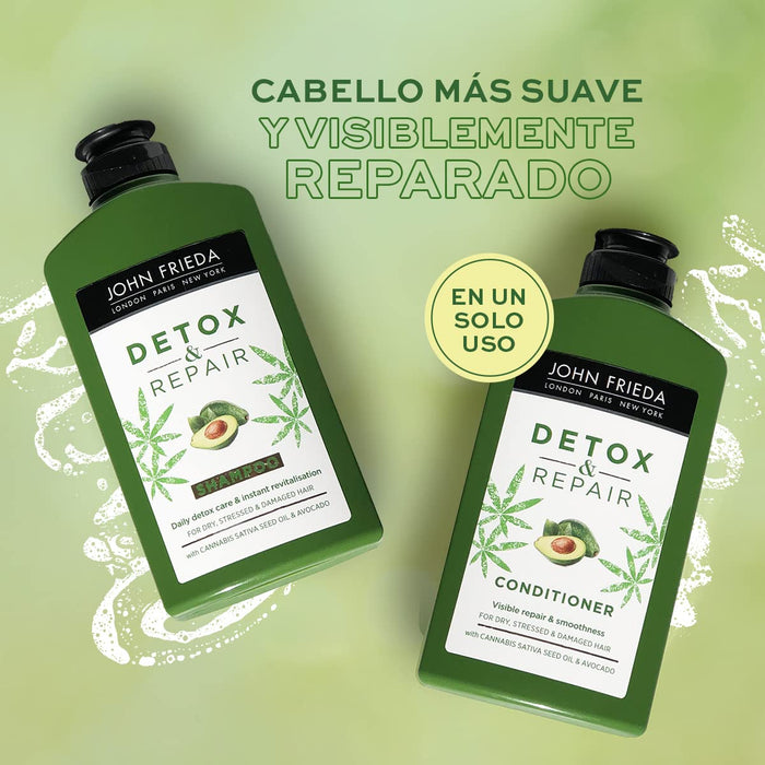 John Frieda Detox & Repair szampon do suchych, zniszczonych i uszkodzonych włosów, z olejkiem z awokado i zieloną herbatą, 250 ml